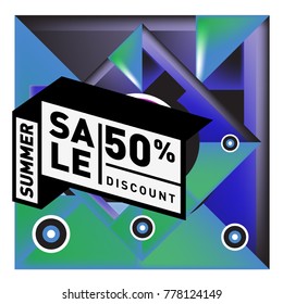 Summer sale memphis style web banner. Fashion and travel discount poster. Vector holiday Abstract colorful illustration with special offer and promotion.