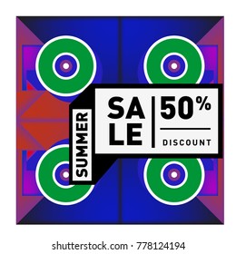 Summer sale memphis style web banner. Fashion and travel discount poster. Vector holiday Abstract colorful illustration with special offer and promotion.