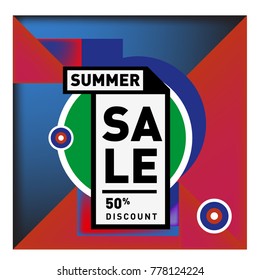 Summer sale memphis style web banner. Fashion and travel discount poster. Vector holiday Abstract colorful illustration with special offer and promotion.