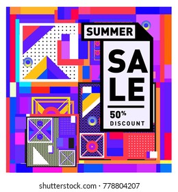 Summer sale memphis style web banner. Fashion and travel discount poster. Vector holiday Abstract colorful illustration with special offer and promotion.