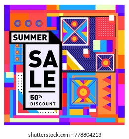Summer sale memphis style web banner. Fashion and travel discount poster. Vector holiday Abstract colorful illustration with special offer and promotion.