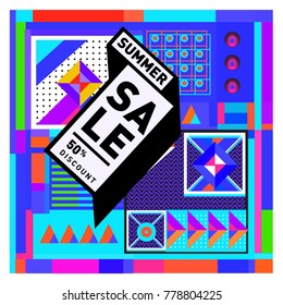 Summer sale memphis style web banner. Fashion and travel discount poster. Vector holiday Abstract colorful illustration with special offer and promotion.