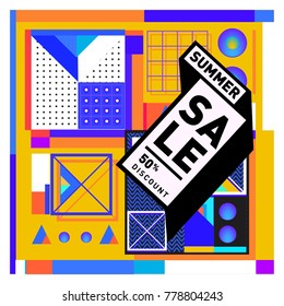 Summer sale memphis style web banner. Fashion and travel discount poster. Vector holiday Abstract colorful illustration with special offer and promotion.