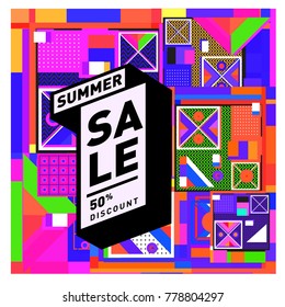 Summer sale memphis style web banner. Fashion and travel discount poster. Vector holiday Abstract colorful illustration with special offer and promotion.