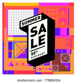 Summer sale memphis style web banner. Fashion and travel discount poster. Vector holiday Abstract colorful illustration with special offer and promotion.