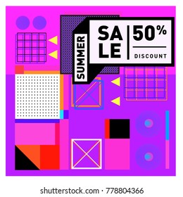 Summer sale memphis style web banner. Fashion and travel discount poster. Vector holiday Abstract colorful illustration with special offer and promotion.