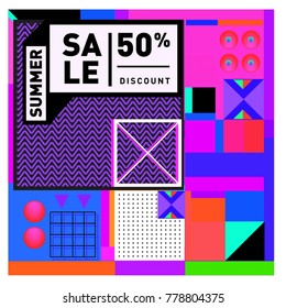 Summer sale memphis style web banner. Fashion and travel discount poster. Vector holiday Abstract colorful illustration with special offer and promotion.