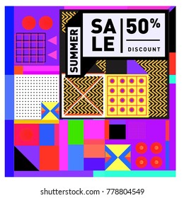 Summer sale memphis style web banner. Fashion and travel discount poster. Vector holiday Abstract colorful illustration with special offer and promotion.