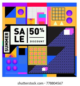 Summer sale memphis style web banner. Fashion and travel discount poster. Vector holiday Abstract colorful illustration with special offer and promotion.