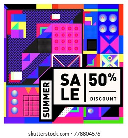 Summer sale memphis style web banner. Fashion and travel discount poster. Vector holiday Abstract colorful illustration with special offer and promotion.
