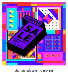 Summer sale memphis style web banner. Fashion and travel discount poster. Vector holiday Abstract colorful illustration with special offer and promotion.