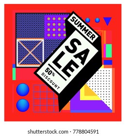 Summer sale memphis style web banner. Fashion and travel discount poster. Vector holiday Abstract colorful illustration with special offer and promotion.