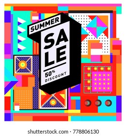 Summer sale memphis style web banner. Fashion and travel discount poster. Vector holiday Abstract colorful illustration with special offer and promotion.