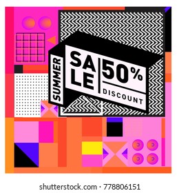 Summer sale memphis style web banner. Fashion and travel discount poster. Vector holiday Abstract colorful illustration with special offer and promotion.