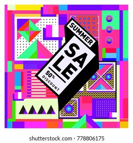 Summer sale memphis style web banner. Fashion and travel discount poster. Vector holiday Abstract colorful illustration with special offer and promotion.