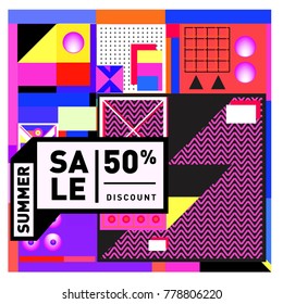 Summer sale memphis style web banner. Fashion and travel discount poster. Vector holiday Abstract colorful illustration with special offer and promotion.