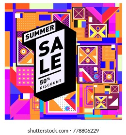 Summer sale memphis style web banner. Fashion and travel discount poster. Vector holiday Abstract colorful illustration with special offer and promotion.