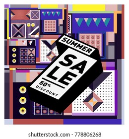 Summer sale memphis style web banner. Fashion and travel discount poster. Vector holiday Abstract colorful illustration with special offer and promotion.