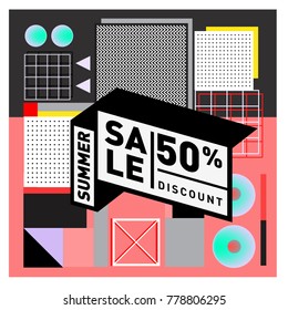 Summer sale memphis style web banner. Fashion and travel discount poster. Vector holiday Abstract colorful illustration with special offer and promotion.
