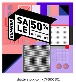 Summer sale memphis style web banner. Fashion and travel discount poster. Vector holiday Abstract colorful illustration with special offer and promotion.