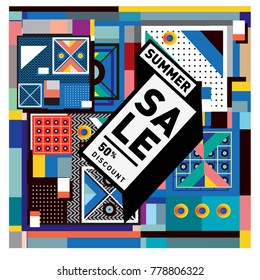 Summer sale memphis style web banner. Fashion and travel discount poster. Vector holiday Abstract colorful illustration with special offer and promotion.