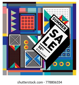 Summer sale memphis style web banner. Fashion and travel discount poster. Vector holiday Abstract colorful illustration with special offer and promotion.