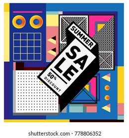 Summer sale memphis style web banner. Fashion and travel discount poster. Vector holiday Abstract colorful illustration with special offer and promotion.