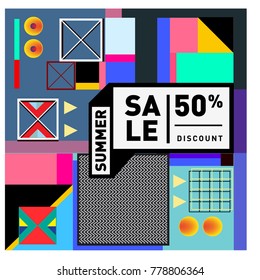 Summer sale memphis style web banner. Fashion and travel discount poster. Vector holiday Abstract colorful illustration with special offer and promotion.