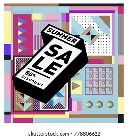Summer sale memphis style web banner. Fashion and travel discount poster. Vector holiday Abstract colorful illustration with special offer and promotion.