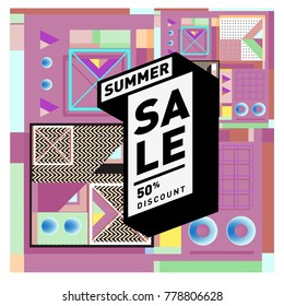 Summer sale memphis style web banner. Fashion and travel discount poster. Vector holiday Abstract colorful illustration with special offer and promotion.