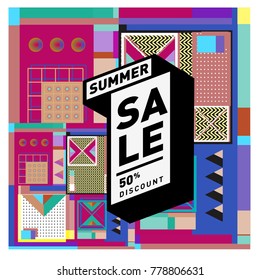 Summer sale memphis style web banner. Fashion and travel discount poster. Vector holiday Abstract colorful illustration with special offer and promotion.