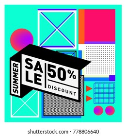 Summer sale memphis style web banner. Fashion and travel discount poster. Vector holiday Abstract colorful illustration with special offer and promotion.