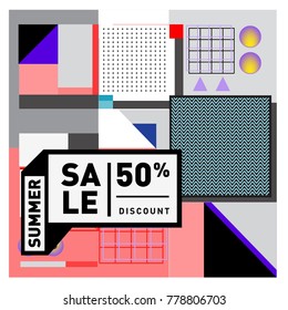 Summer sale memphis style web banner. Fashion and travel discount poster. Vector holiday Abstract colorful illustration with special offer and promotion.
