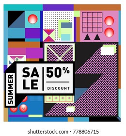 Summer sale memphis style web banner. Fashion and travel discount poster. Vector holiday Abstract colorful illustration with special offer and promotion.