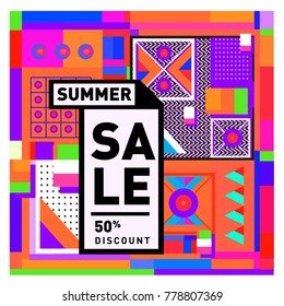 Summer sale memphis style web banner. Fashion and travel discount poster. Vector holiday Abstract colorful illustration with special offer and promotion.