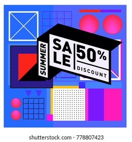 Summer sale memphis style web banner. Fashion and travel discount poster. Vector holiday Abstract colorful illustration with special offer and promotion.