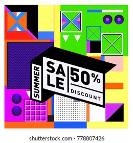 Summer sale memphis style web banner. Fashion and travel discount poster. Vector holiday Abstract colorful illustration with special offer and promotion.