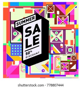 Summer sale memphis style web banner. Fashion and travel discount poster. Vector holiday Abstract colorful illustration with special offer and promotion.