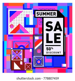 Summer sale memphis style web banner. Fashion and travel discount poster. Vector holiday Abstract colorful illustration with special offer and promotion.