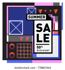 Summer sale memphis style web banner. Fashion and travel discount poster. Vector holiday Abstract colorful illustration with special offer and promotion.