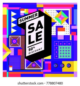 Summer sale memphis style web banner. Fashion and travel discount poster. Vector holiday Abstract colorful illustration with special offer and promotion.