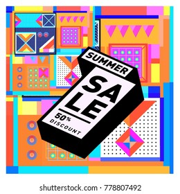 Summer sale memphis style web banner. Fashion and travel discount poster. Vector holiday Abstract colorful illustration with special offer and promotion.