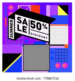 Summer sale memphis style web banner. Fashion and travel discount poster. Vector holiday Abstract colorful illustration with special offer and promotion.
