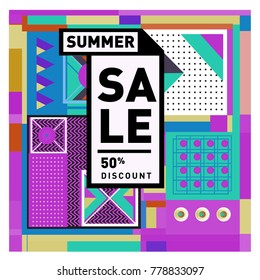 Summer sale memphis style web banner. Fashion and travel discount poster. Vector holiday Abstract colorful illustration with special offer and promotion.