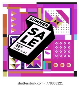 Summer sale memphis style web banner. Fashion and travel discount poster. Vector holiday Abstract colorful illustration with special offer and promotion.