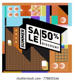Summer sale memphis style web banner. Fashion and travel discount poster. Vector holiday Abstract colorful illustration with special offer and promotion.
