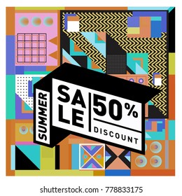 Summer sale memphis style web banner. Fashion and travel discount poster. Vector holiday Abstract colorful illustration with special offer and promotion.