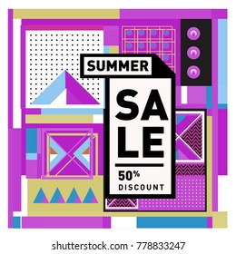 Summer sale memphis style web banner. Fashion and travel discount poster. Vector holiday Abstract colorful illustration with special offer and promotion.