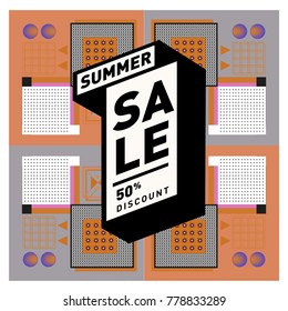 Summer sale memphis style web banner. Fashion and travel discount poster. Vector holiday Abstract colorful illustration with special offer and promotion.