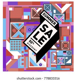 Summer sale memphis style web banner. Fashion and travel discount poster. Vector holiday Abstract colorful illustration with special offer and promotion.